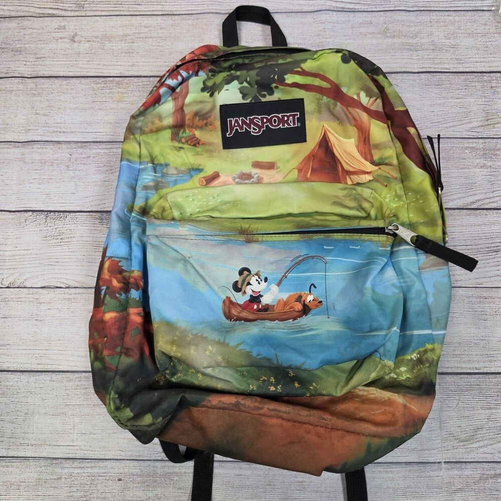 Jansport Disney Mickey Mouse Pluto Fishing Forest Camp Kids Backpack